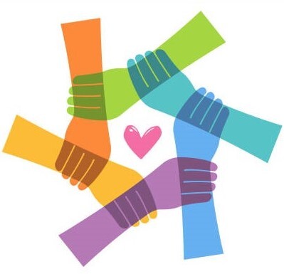 Six connected hands and a center heart. I love you all together concept
